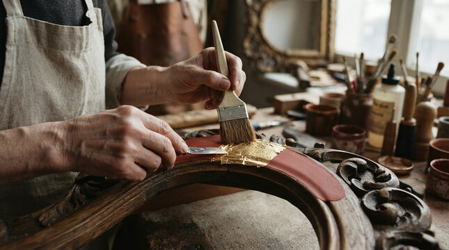 Artisan hands applying 24k gold leaf with gilders tip brush restoration