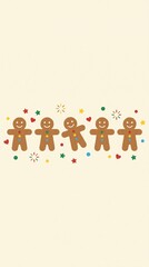 Fototapeta premium Five smiling gingerbread men cookies are arranged in a row with festive stars and hearts on a cream background to celebrate the holiday baking season.