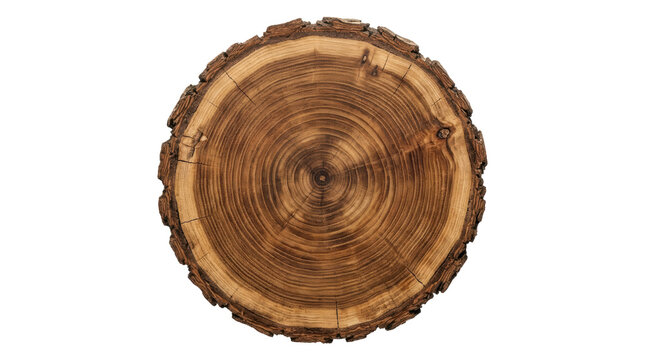 Top-down view of a round wood slice showing tree rings and rough bark edges on white background