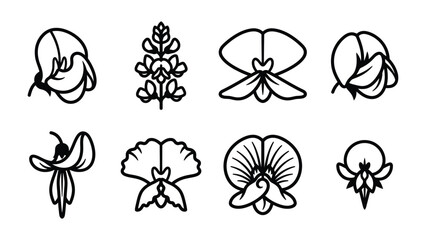 Obraz premium Flower Icon Set: A collection of eight simple line drawings representing various delicate flower designs, offering a touch of nature's beauty and elegance for graphic projects.