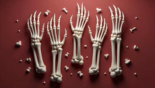 Five human skeleton hands arranged in a row on a solid dark red background, with scattered bone