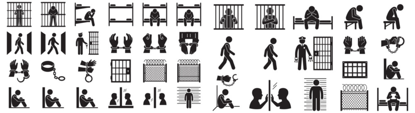 Prison and Jail Silhouette Icons Set: Cells, Inmates, Handcuffs, Bars, Guard, Fence and Visitation Symbols 