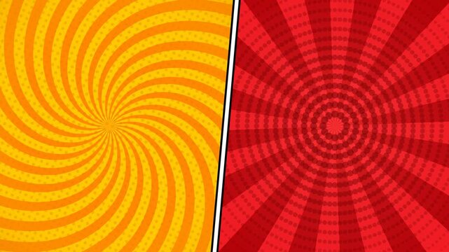 Comic book background with yellow spiral swirl and red radial sunburst rays halftone dot patterns