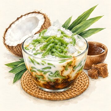 Traditional Indonesian Es Cendol Dessert Illustration in Watercolor Style