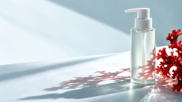 Minimal Skincare Pump Bottle with Red Marine Algae and Copy Space