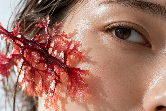 Close Up Beauty Portrait with Red Algae Accent Beside Cheekbone