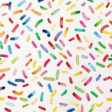 Watercolor painting of scattered colorful brush strokes on a textured white paper background with scattered randomly across surface simple repeating repeating pattern design multicolored watercolor