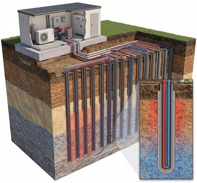 Ground source heat pump system with deep borehole thermal energy storage detailed cutaway illustration
