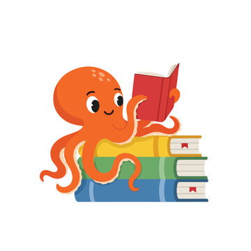 A cute orange octopus sits on a stack of colorful books while reading an open red book with a happy smile.