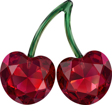 3D red crystal cherry rhinestone with diamond-like brilliance, gemstone sparkle, faceted surface, realistic light reflection and dispersion.
