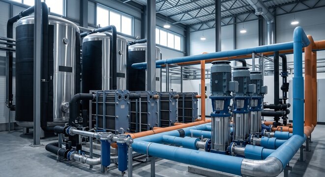 Industrial thermal energy storage system with heat exchangers and chilled water tanks in modern facility