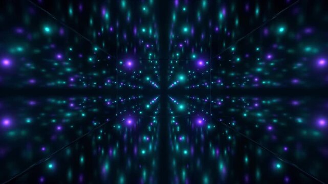 鏡面金属の深宇宙空間で光を放ち脈動する微小ノードの背景映像