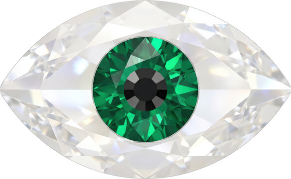 3D green crystal eye rhinestone with diamond-like brilliance, gemstone sparkle, faceted surface, realistic light reflection and dispersion.
