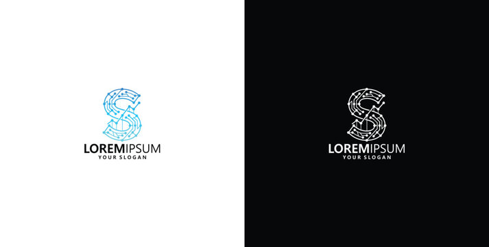 Modern tech letter S logo design template with digital circuit pattern in dark and light themes