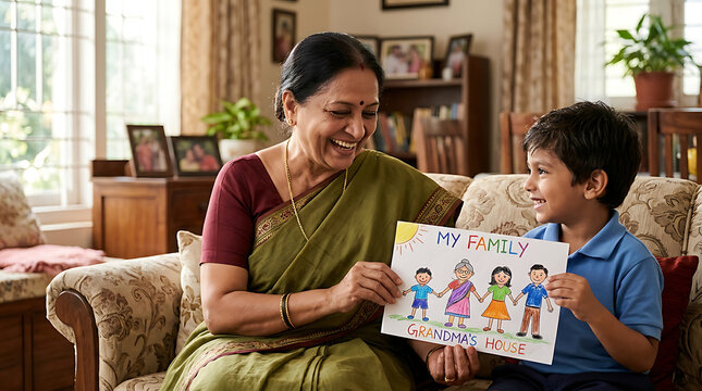 Joyful family bonding as a grandmother shares a handmade family tree drawing with her eager grandson in a cozy living room