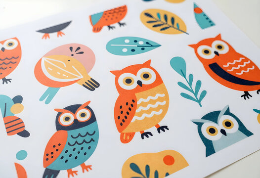 Children education and nursery decor, colorful owl pattern with forest animals and leaves for kids room wallpaper or textile design on white background