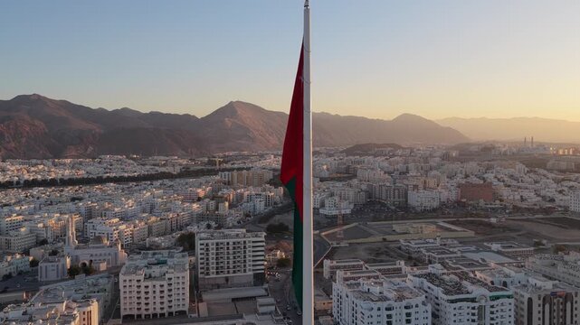 Aerial view of the national flag of Oman in Muscat, Oman.