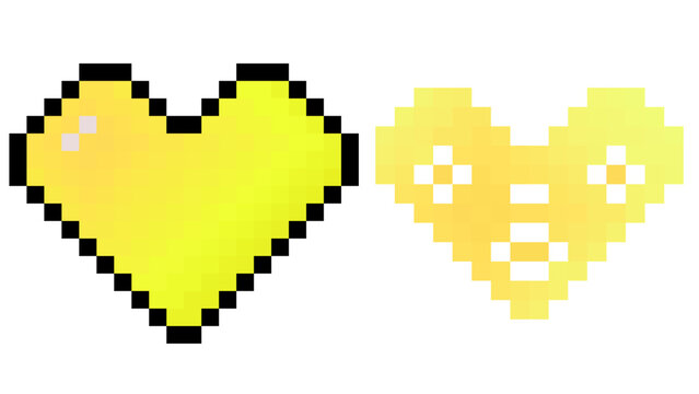 Pixel art yellow heart icons, retro 8-bit gaming health life symbols, golden pixelated heart set for video game interface design