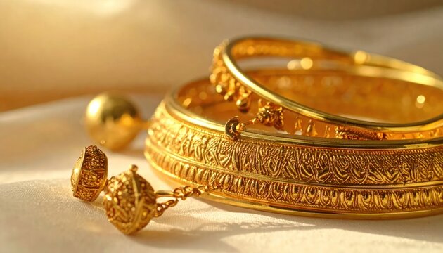 Exquisite Gold Bangles with Intricate Carvings and Dangling Embellishments on Silk Fabric