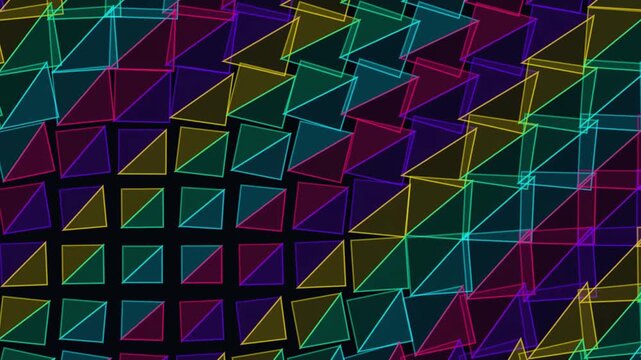 High-definition seamless geometric morphing background loop featuring dynamic triangulated origami tessellation folding mesh with vibrant cyberpunk color theme. Ideal for VJ visuals, stage screens,