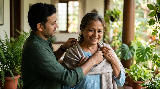 Warmhearted moment of a son comforting his elderly mother with a gentle touch in a cozy home environment filled with lush green