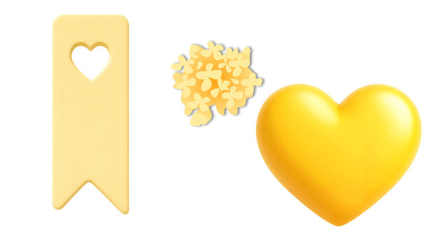 Yellow 3D heart and floral bookmark set, cute pastel aesthetic elements, romantic decorative icons for social media and stationery design