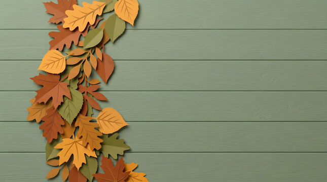 A vertical arrangement of colorful autumn leaves, crafted from paper, creates a decorative border along the left side of a green wooden panel background with horizontal planks.