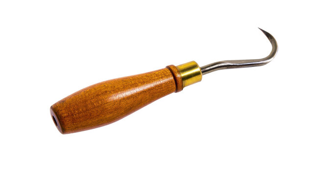 This professional hand tool features a curved steel tip and a smooth ergonomic grip for precise marking or piercing tasks in woodworking projects