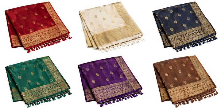 Traditional Banarasi silk dupatta collection, set of 6 colorful Indian ethnic scarves with gold zari borders, elegant silk fabric with tassels for wedding fashion