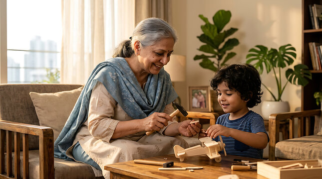elderly woman and young boy engaging in woodworking activity at home in a cozy living room with natural lighting and plants