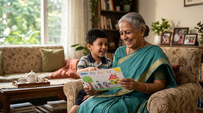 Joyful intergenerational moment with grandmother and grandson sharing a colorful storybook in a cozy living room