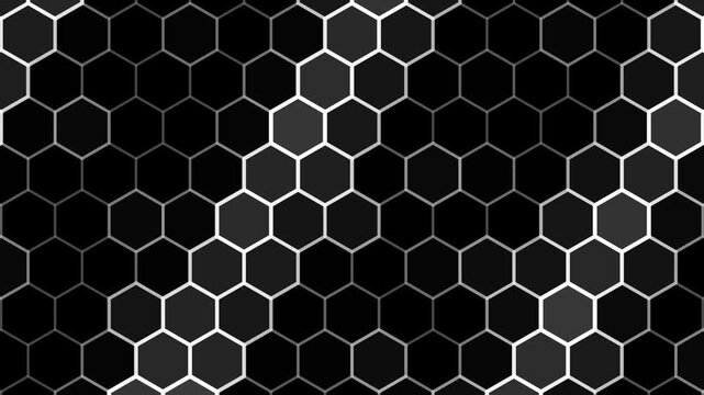 Hexagon grid pulse animation seamless loop on black background, white honeycomb mesh with a diagonal light wave passing three times, 4K abstract tech motion graphic overlay