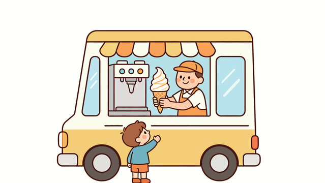 Cheerful cartoon scene of an ice cream vendor handing a soft-serve cone to an eager child from a yellow food