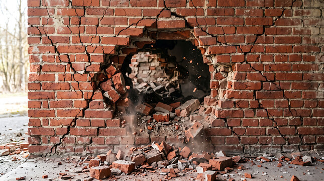Demolition of a brick wall, debris falling, representing destruction and breaking barriers