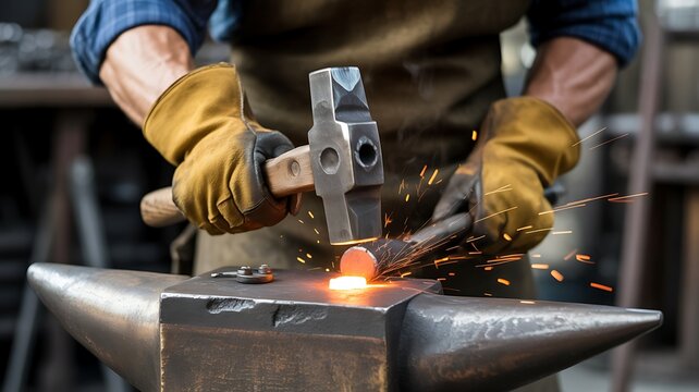 Strong blacksmith in leather gloves hammering glowing hot metal on an anvil, creating a shower of fiery sparks.