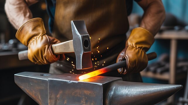 Strong blacksmith in leather gloves hammering glowing hot metal on an anvil, creating a shower of fiery sparks.