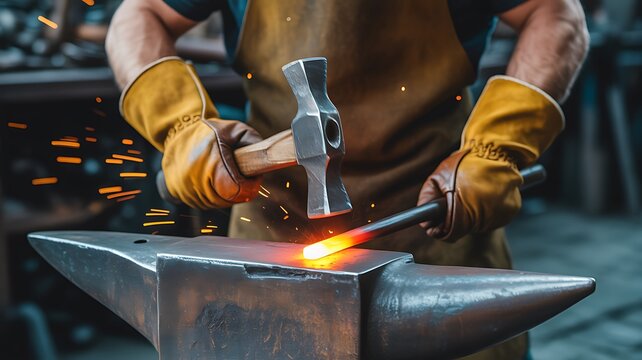 Strong blacksmith in leather gloves hammering glowing hot metal on an anvil, creating a shower of fiery sparks.