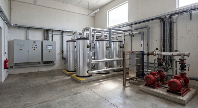 Thermal energy storage room with modern industrial heat exchangers and circulation pumps in clean facility