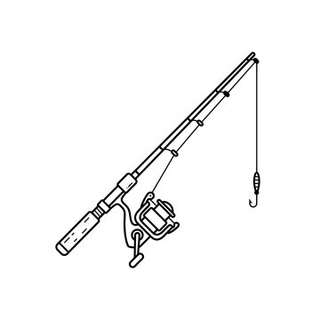 Fishing rod icon with detailed reel and line art isolated on transparent background for outdoor leisure activity sports equipment or professional angling gear.