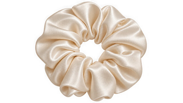Elegant cream silk hair scrunchie on transparent background