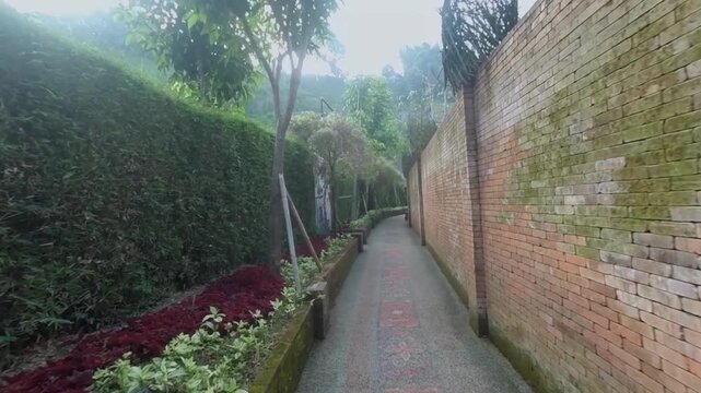 Walking forward on a pathway path between brick wall and garden hedge