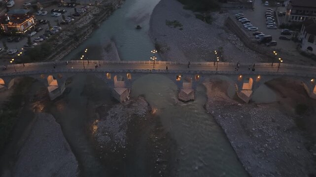 Aerial view of Gorica Bridge in Berat, Albania.