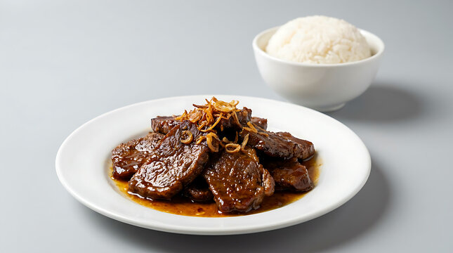 Traditional Palembang Malbi Braised Beef with White Rice on Gray Background.