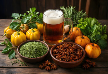 Naklejka premium Craft beer and autumn harvest, seasonal ale with pumpkins and spices on rustic wooden table for thanksgiving celebration and oktoberfest food pairing