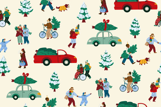 Seamless Christmas pattern with vintage cars carrying fir trees, people, bicycles, gifts and winter holiday scenes, seasonal design for textile, wrapping paper, wallpaper, packaging and stationery