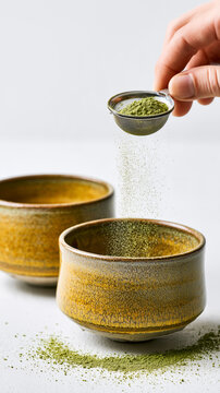 Handmade Yellow Gold Ceramic Chawan with Matcha Powder Being Sifted