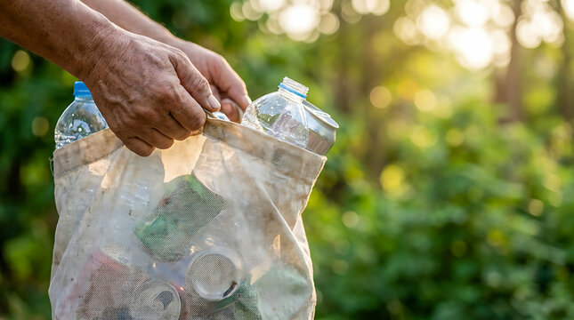 A close-up view of a hand holding a trash bag filled with recyclables during a park cleanup activity.