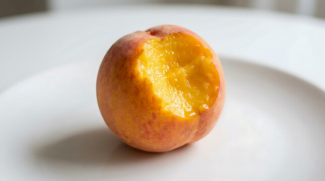 Close-up of a ripe peach with a bite mark on a white plate.
