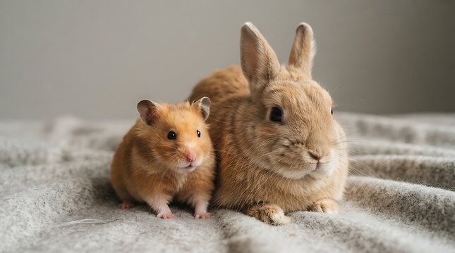 Hamster and a brown rabbit sitting together on a soft textured blanket