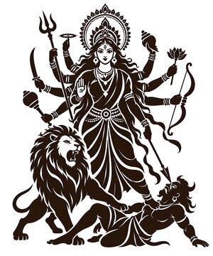 Durga Maa with Lion and Traditional Weapons Black Line Art Silhoute Illustration